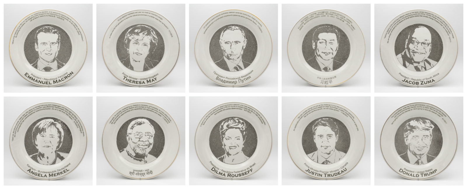Kim Abeles, "World Leaders in Smog" (2019), Smog (particulate matter) on ceramic plates; quotations by world leaders presented at international COP meetings (Conference of the Parties)
