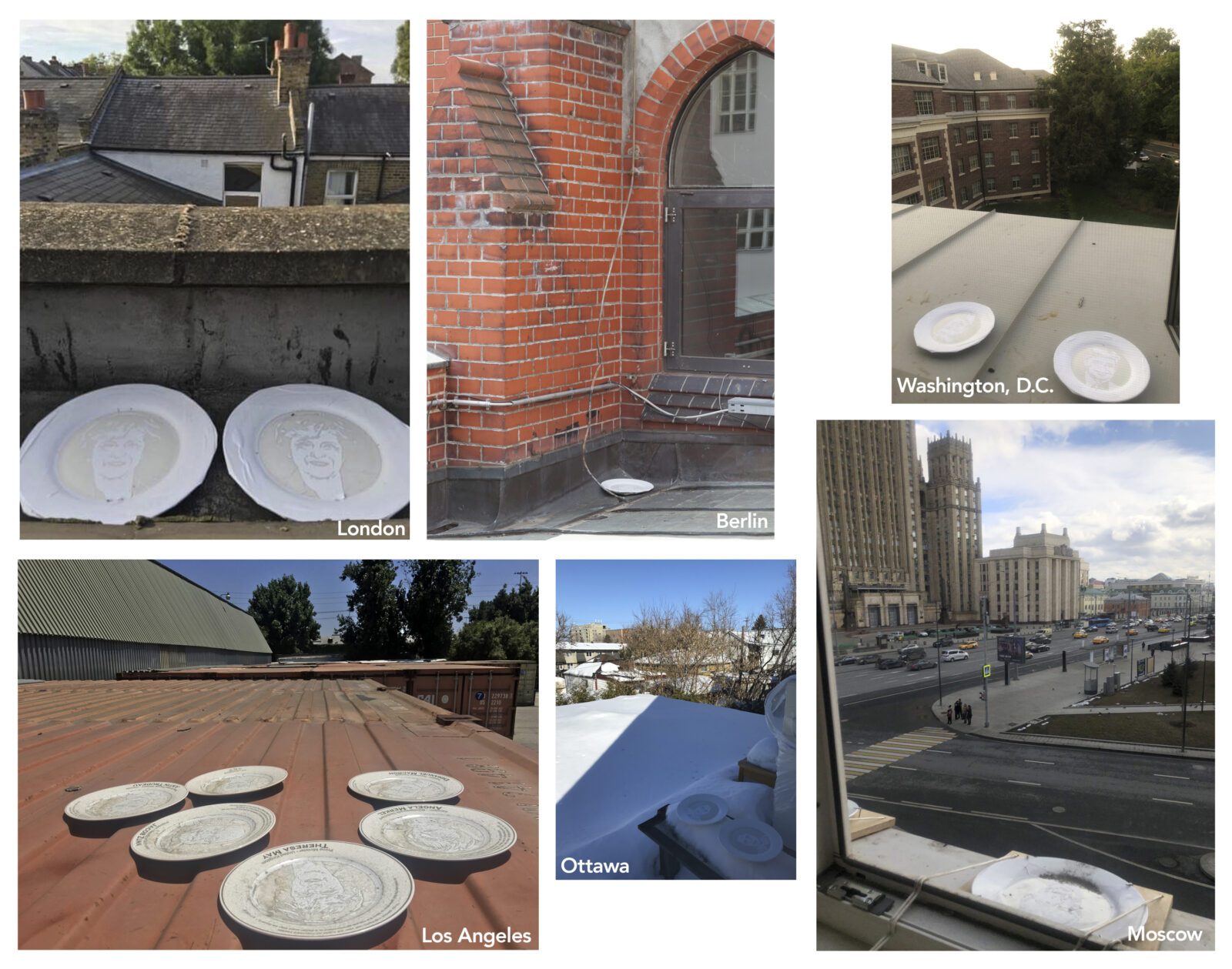 Stenciled plates for 
"World Leaders in Smog" placed in capital cities and Los Angeles