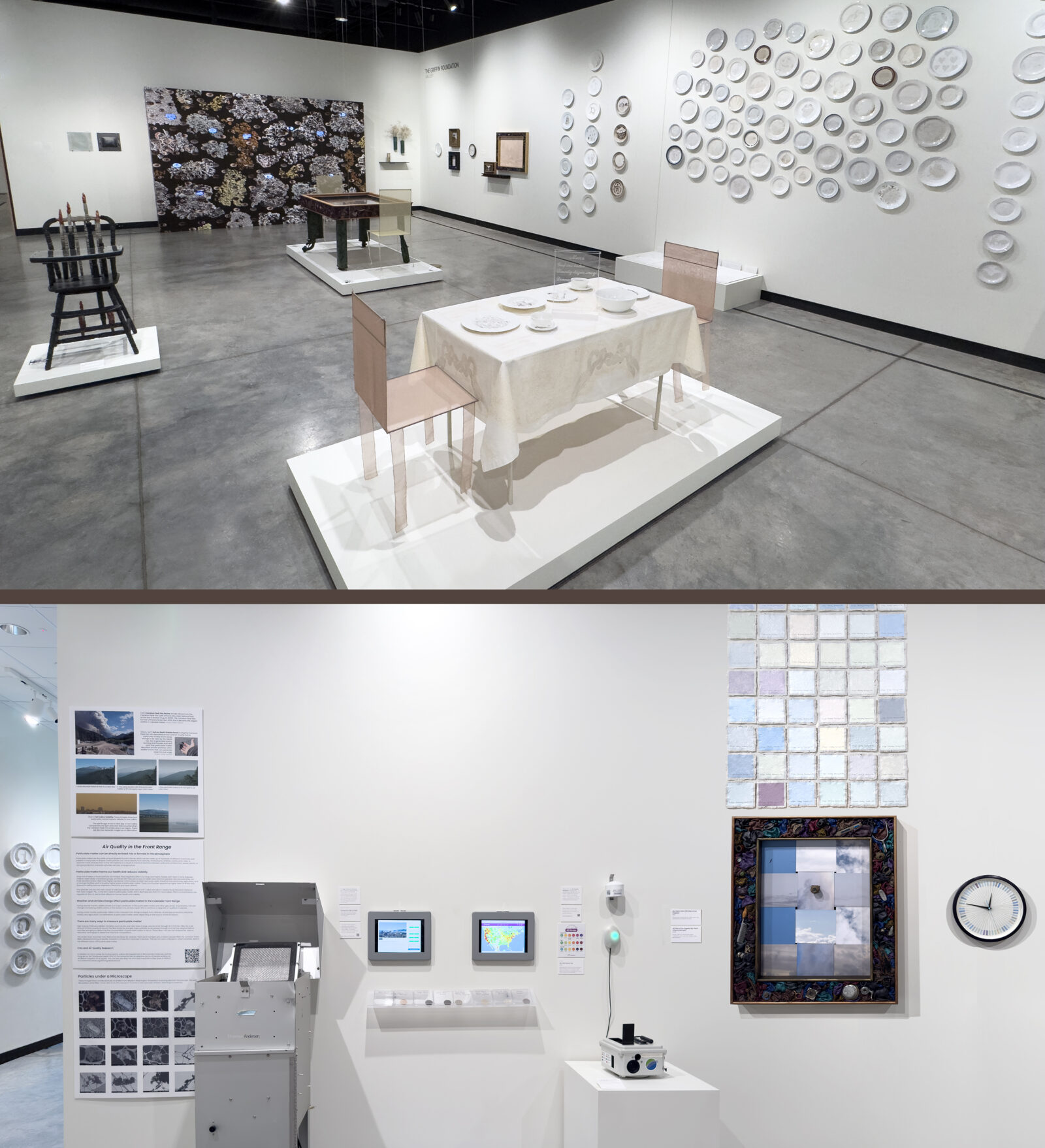 Installation views at GAMA exhibit - a survey of Abeles' environmental projects, and art created in Smog Collector workshops with 200+ participants in CO and CA; also exhibited were tools used to measure atmospheric conditions on loan from the Department of Atmospheric Science, Colorado State University Fort Collins. 
